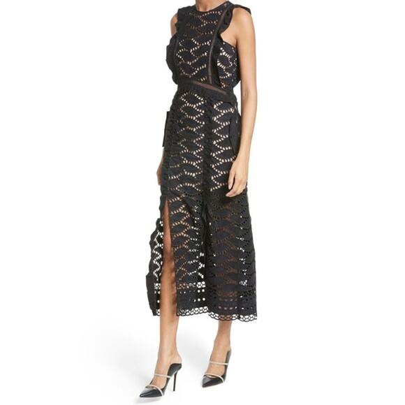 Self-Portrait Cutwork Suede Lace Midi Dress Black - Picture 2 of 10